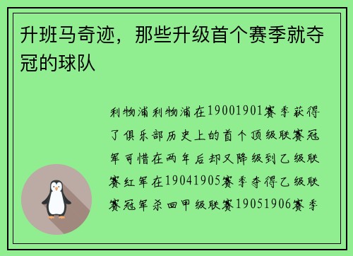升班马奇迹，那些升级首个赛季就夺冠的球队