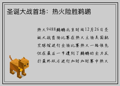 圣诞大战首场：热火险胜鹈鹕