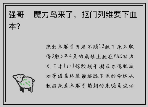 强哥 _ 魔力鸟来了，抠门列维要下血本？